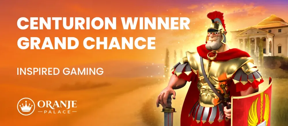 Roman Centurion character with golden armor and red cape, advertising 'Centurion Winner Grand Chance'.
