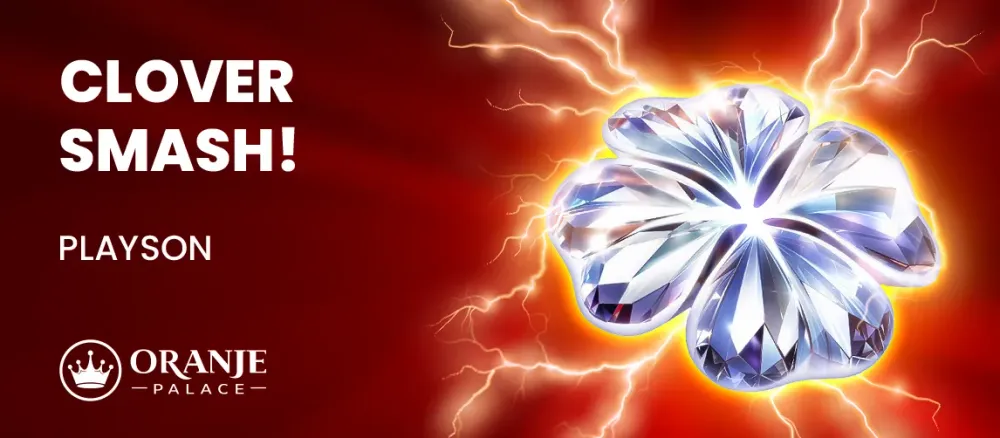 Clover Smash game banner with a sparkling clover gem surrounded by lightning on a red background.