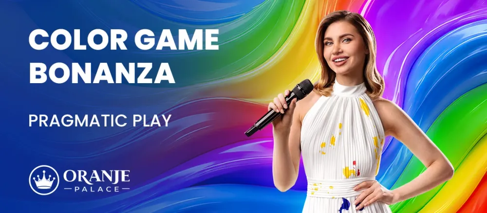 Smiling woman holds microphone against a rainbow background, promoting Color Game Bonanza by Pragmatic Play.