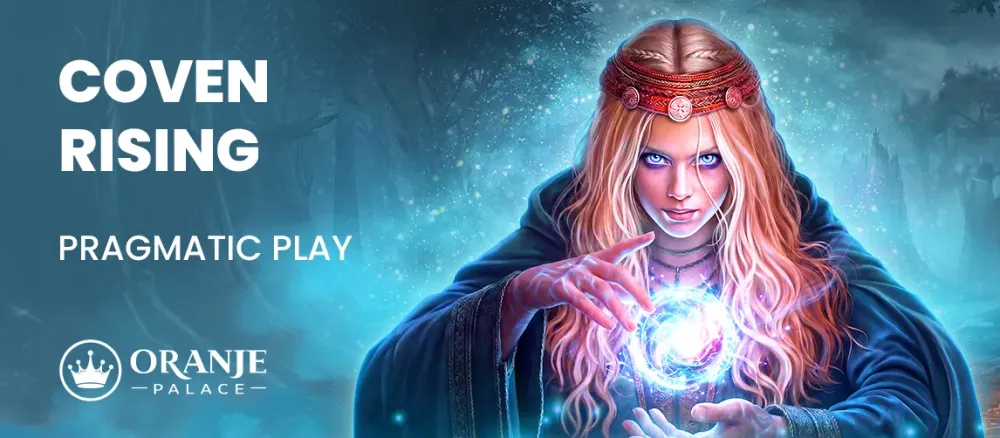 Mystical woman with red hair, glowing eyes, holding a shimmering blue orb, with 'Coven Rising'.