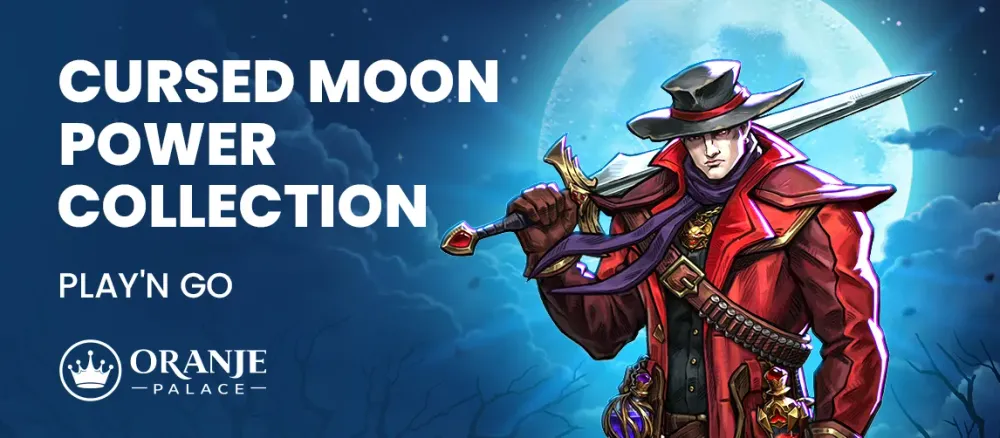 Cursed Moon Power Collection title with a character in a red coat and hat, holding a sword.