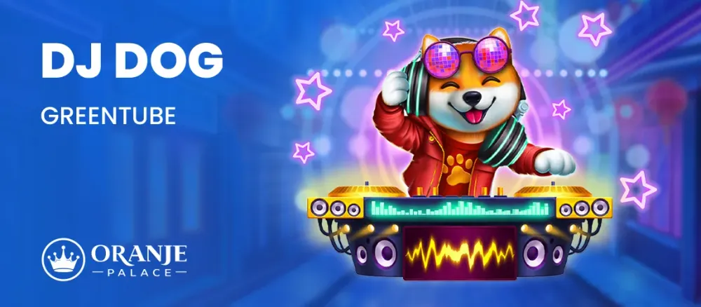 Cartoon Shiba Inu dog DJ in red jacket and sunglasses mixing music. Title: DJ DOG.