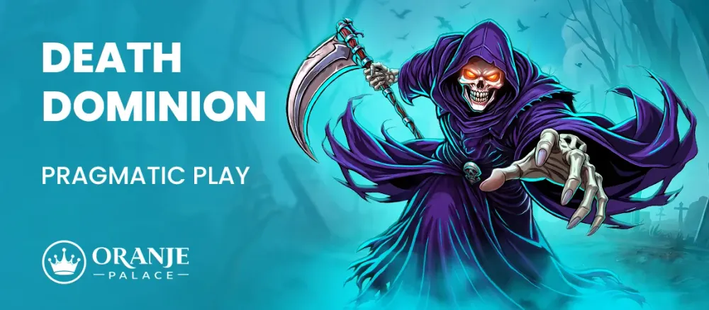Grim Reaper in purple cloak, glowing eyes, holding scythe, next to 'DEATH DOMINION'.