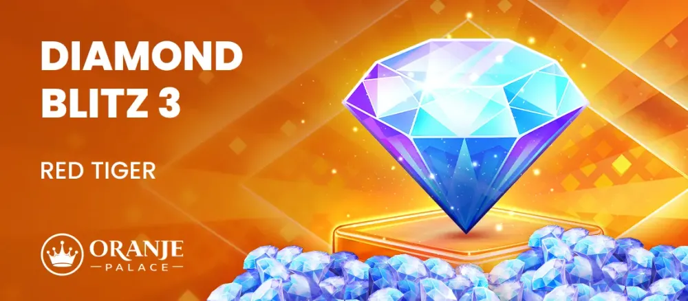 Large blue and purple diamond on an orange background with game title Diamond Blitz 3.