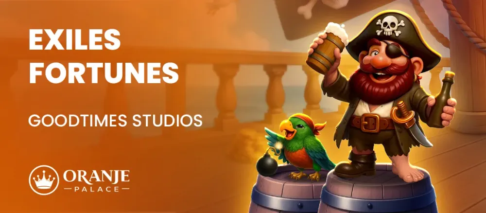 Cartoon pirate holding a beer and a bottle with a parrot, for 'EXILES FORTUNES'.