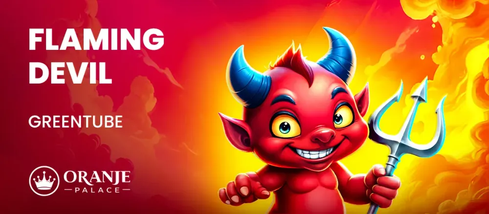 Red cartoon devil with blue horns holding a trident, text 'FLAMING DEVIL', 'GREENTUBE'.