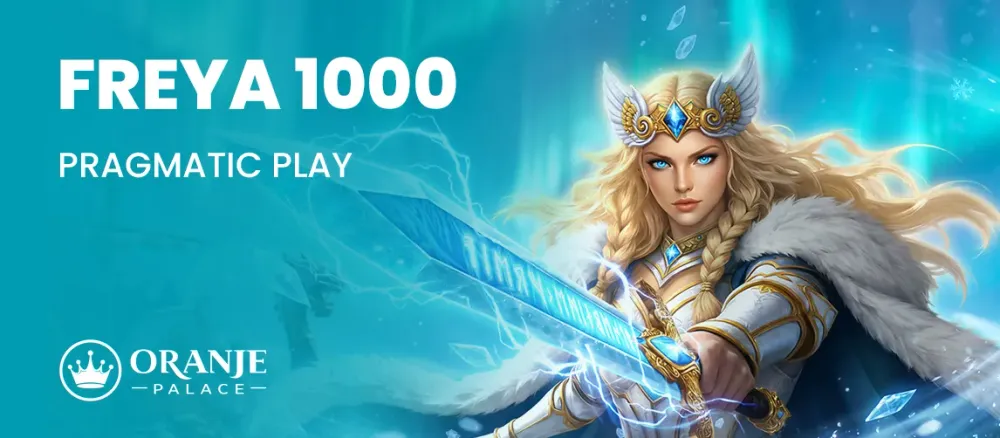 Powerful blonde warrior Freya 1000 from Pragmatic Play holding a glowing blue sword.