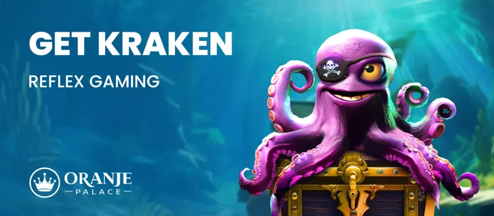 A smiling purple pirate octopus sits on a golden treasure chest underwater.