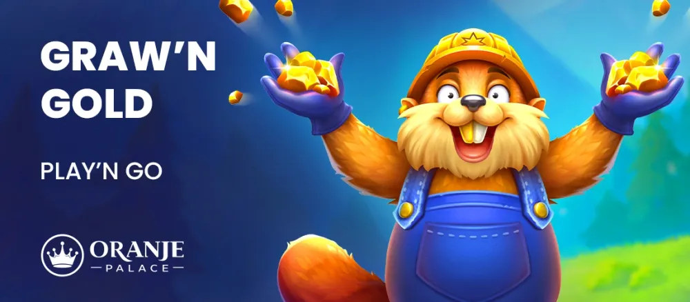 Cartoon beaver in hard hat and overalls holds gold nuggets for 'GRAW'N GOLD' game.