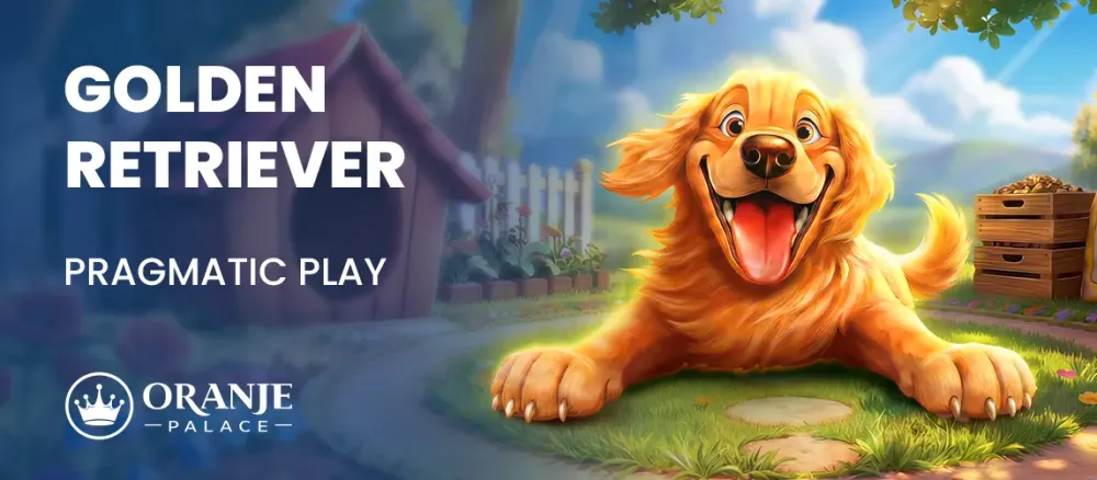 Happy cartoon golden retriever lying in a yard, with 'Golden Retriever' and 'Pragmatic Play' text.