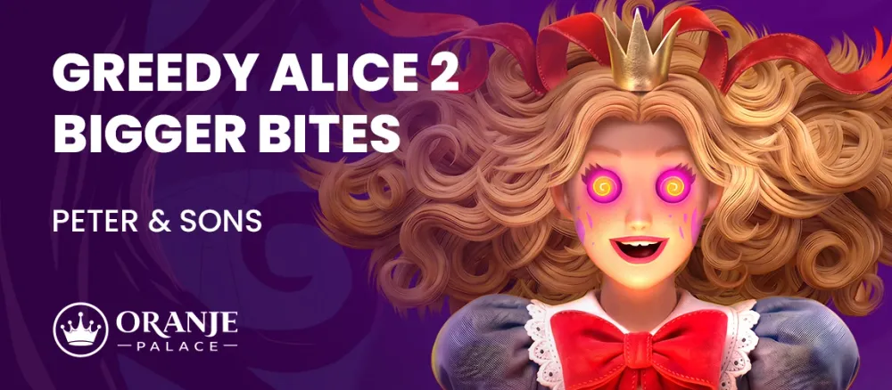 Cartoon Alice character with glowing eyes and crown, promoting 'Greedy Alice 2 Bigger Bites' game.