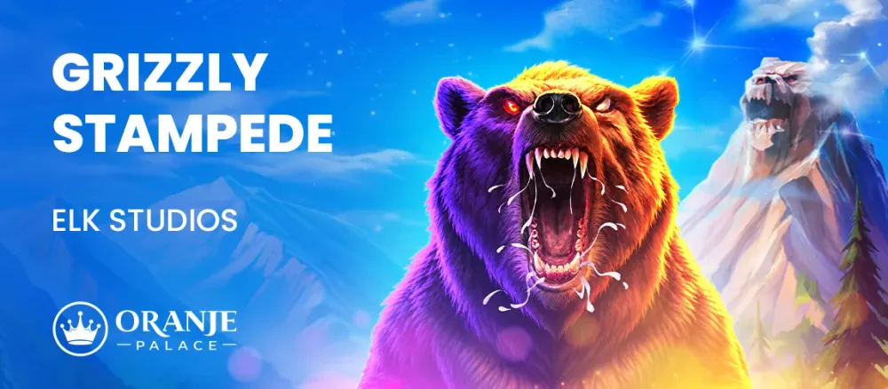 A vibrant, roaring grizzly bear with glowing red eyes and teeth, featuring 'GRIZZLY STAMPEDE' text.