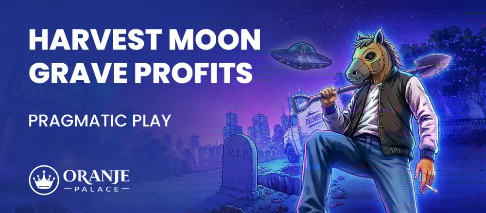 Harvest Moon Grave Profits ad: horse-masked person, shovel, UFO in a graveyard.
