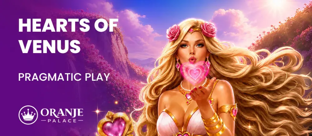 Blonde goddess blowing pink hearts, advertising "Hearts of Venus" by Pragmatic Play.
