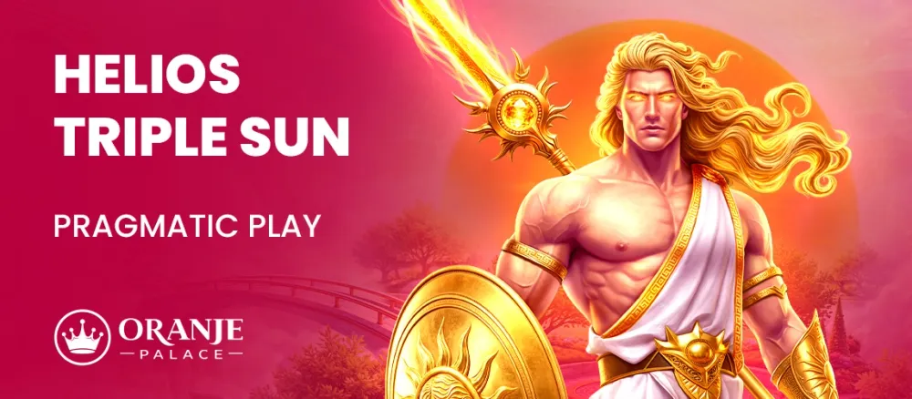 Artwork of the sun god Helios with golden sword and shield. Text: Helios Triple Sun.