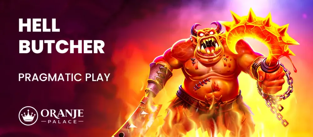 HELL BUTCHER: A red horned demon holds a fiery, spiked weapon in flames.