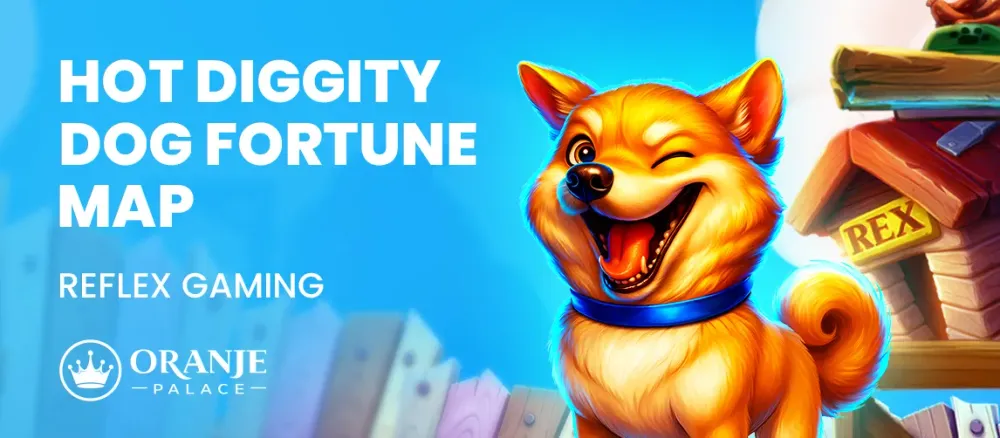 Cartoon Shiba Inu winks next to a doghouse, promoting "Hot Diggity Dog Fortune Map" game.