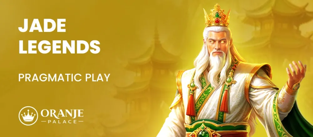 Majestic emperor with golden crown, white beard, and ornate robes, advertising 'Jade Legends' game.