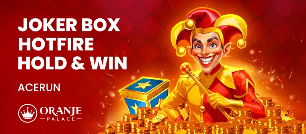A grinning joker in a jester hat surrounded by gold coins and a blue box.