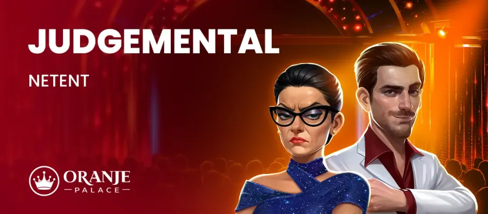 Two animated characters, a stern woman with glasses and a man, promoting 'JUDGEMENTAL' by NetEnt.