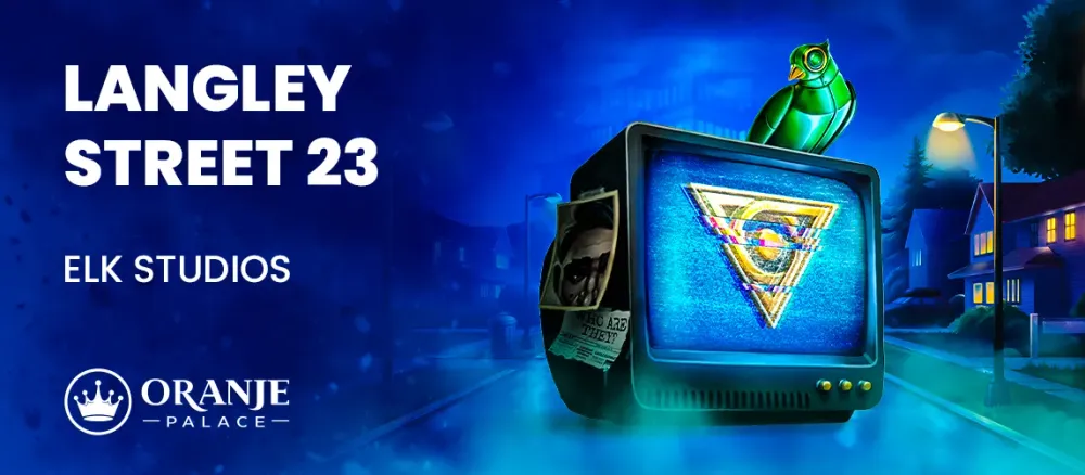 Promotional banner for Langley Street 23 by Elk Studios with a retro TV and parrot.