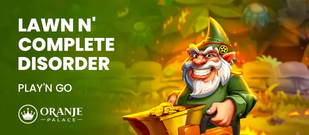 Mischievous gnome grins holding a golden watering can, with text 'LAWN N' COMPLETE DISORDER'.
