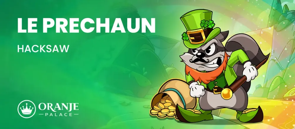 LE PRECHAUN HACKSAW: A cartoon leprechaun raccoon with a shovel guarding a pot of gold.