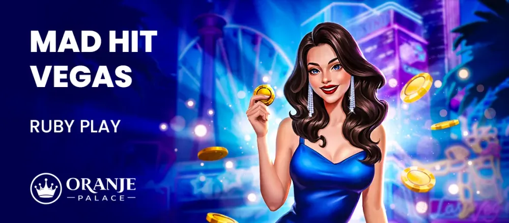 Glamorous woman holding a golden chip with 'MAD HIT VEGAS' text and casino background.