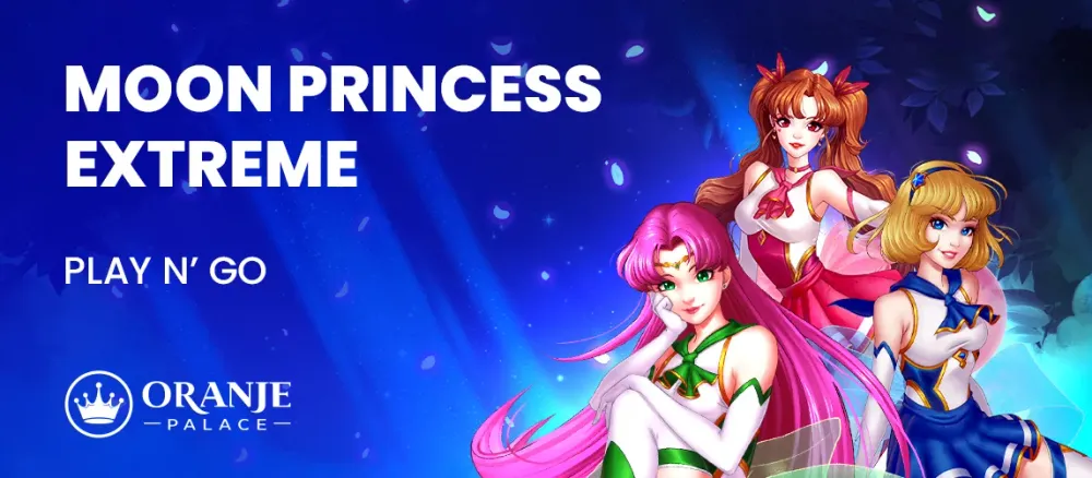 Moon Princess Extreme game title with three anime-style female characters against a magical blue background.