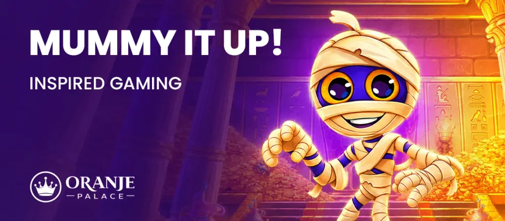 A smiling cartoon mummy character on a purple background with 'MUMMY IT UP! INSPIRED GAMING' text.