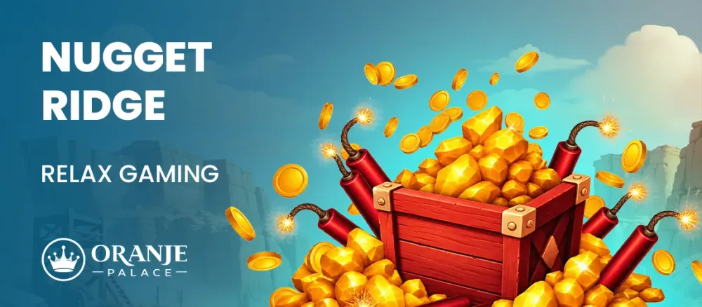Red treasure chest overflowing with gold coins and dynamite, with 'NUGGET RIDGE' game title.