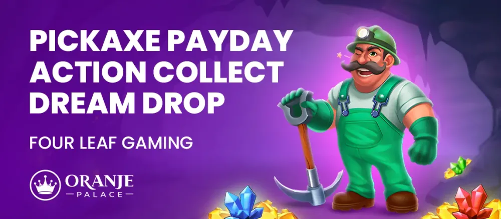 Cartoon miner holds a pickaxe in a glowing cave for the Pickaxe Payday game.