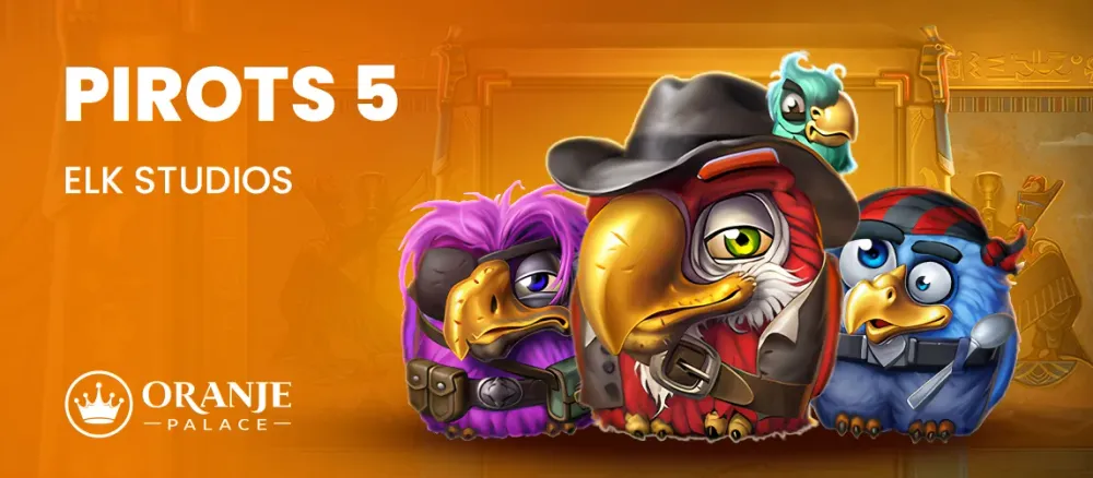 Three cartoon pirate birds from "Pirots 5" by Elk Studios on an orange background.