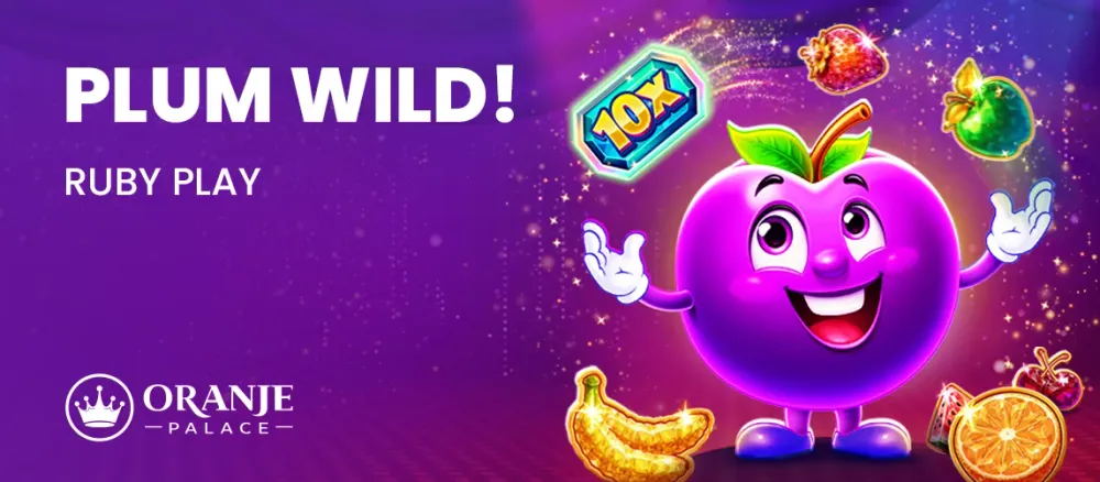 Happy purple plum character juggling various fruits and a '10X' multiplier symbol.
