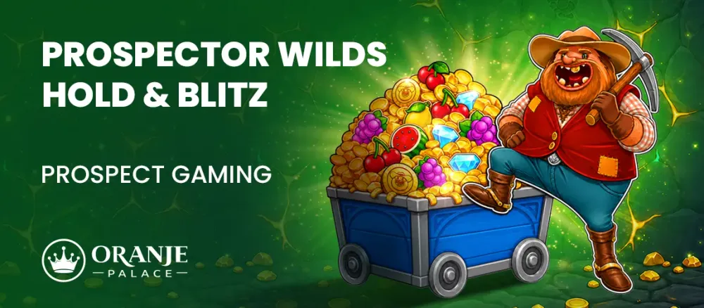 Cartoon prospector with a pickaxe next to a mining cart full of gold and gems.