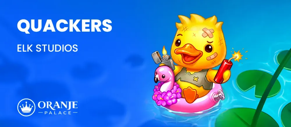 Cartoon duck in a flamingo floatie holds a lit dynamite stick on blue water.