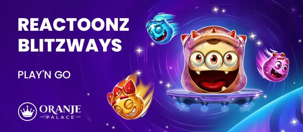 Reactoonz Blitzways game banner with colorful cartoon alien characters in space.