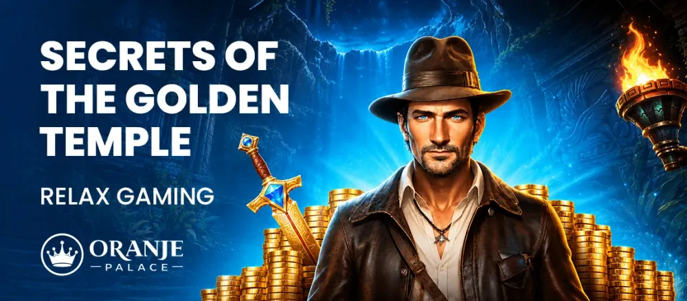 Adventure-themed image featuring a man in a fedora and the text 'Secrets of the Golden Temple'.