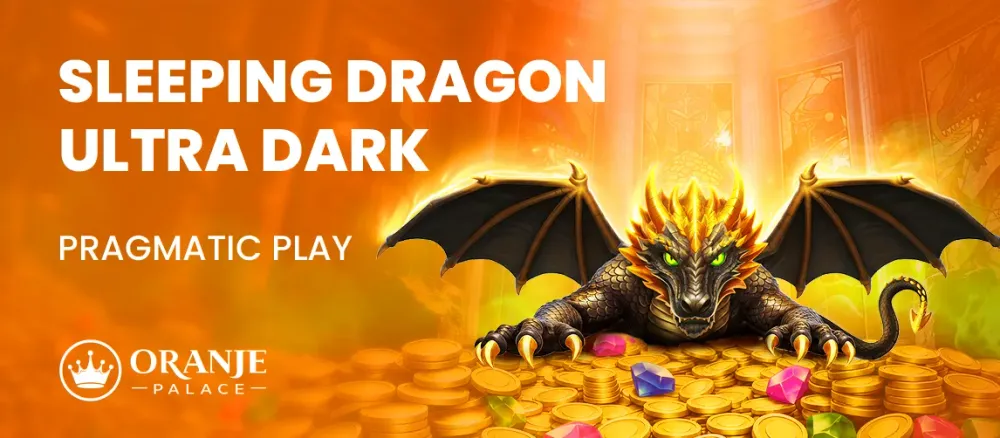 Dark dragon with golden scales on a pile of gold coins for 'Sleeping Dragon Ultra Dark' game.