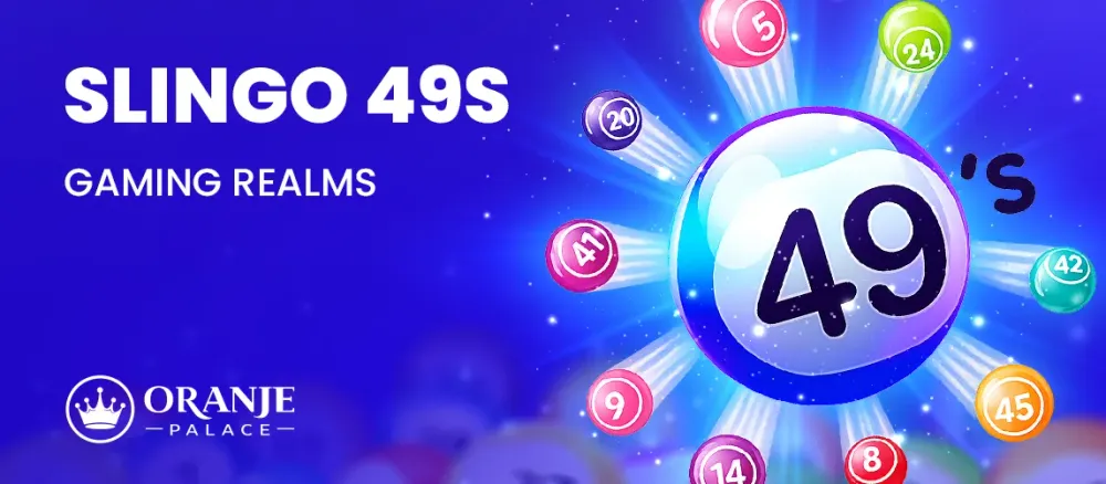 Slingo 49s game advertisement featuring a large '49' ball surrounded by colorful lottery numbers.