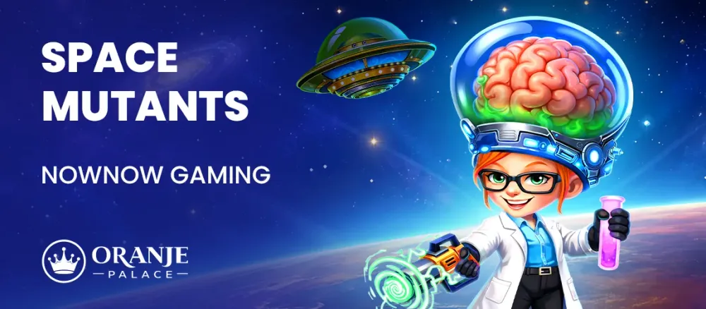 Cartoon scientist with exposed brain, ray gun, and text 'SPACE MUTANTS' game logo.