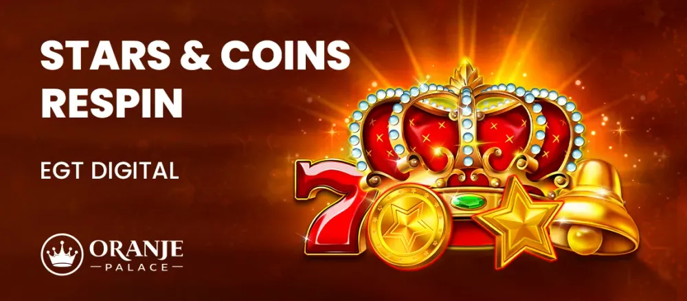 Golden crown, coin, star, bell, and number 7 for 'Stars & Coins Respin' slot.