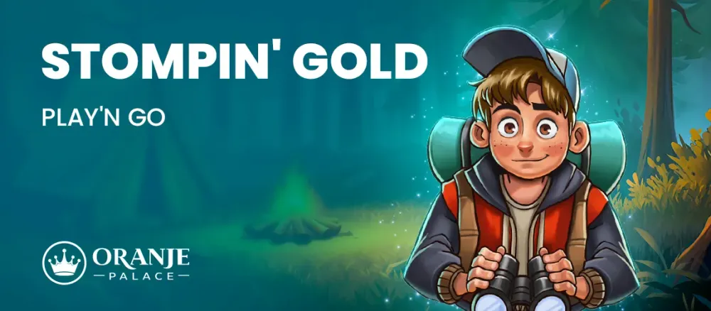 Cartoon boy with backpack and binoculars in a glowing forest, featuring 'STOMPIN' GOLD' text.