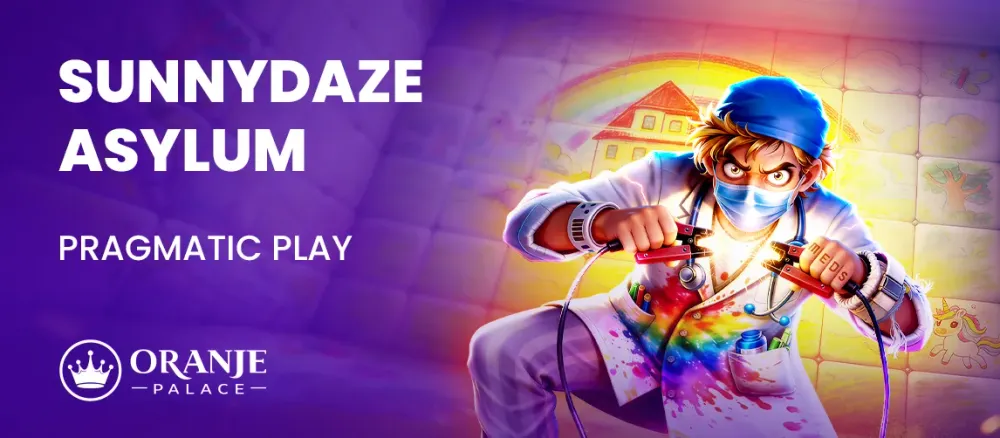 Chaotic doctor character with sparking wires and splattered coat for Sunnydaze Asylum by Pragmatic Play.