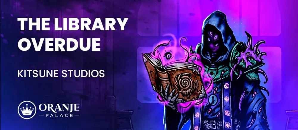 A hooded figure holding a glowing ancient book with "THE LIBRARY OVERDUE" text.