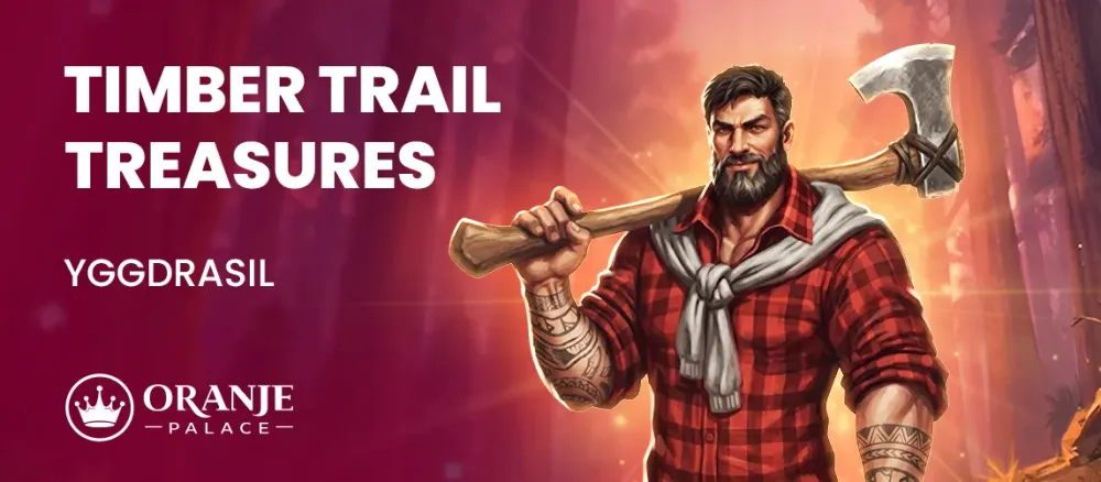 Bearded man in red plaid shirt holds an axe, with 'TIMBER TRAIL TREASURES' text.