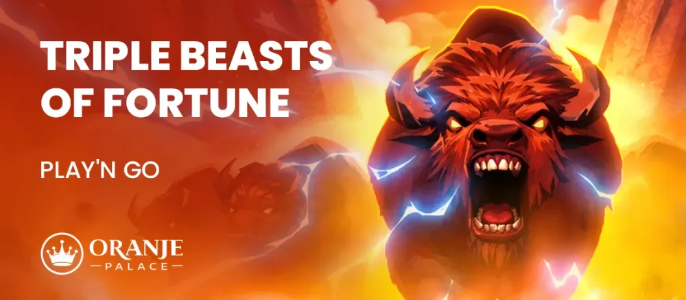 A fierce red bison with glowing eyes and lightning surrounded by text 'Triple Beasts of Fortune'.