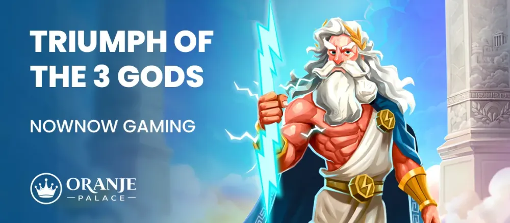 Illustration of Zeus holding a lightning bolt, with the text 'Triumph of the 3 Gods'.