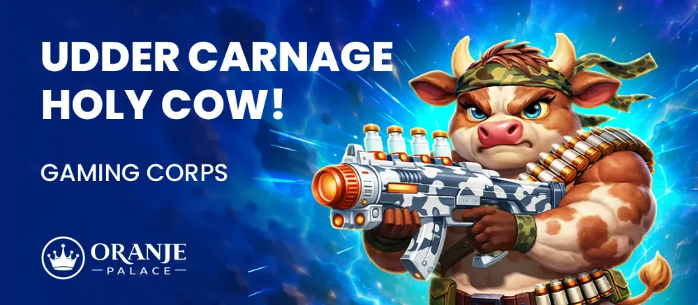 A muscular cow character holds a camouflage rifle with text 'UDDER CARNAGE HOLY COW!'.