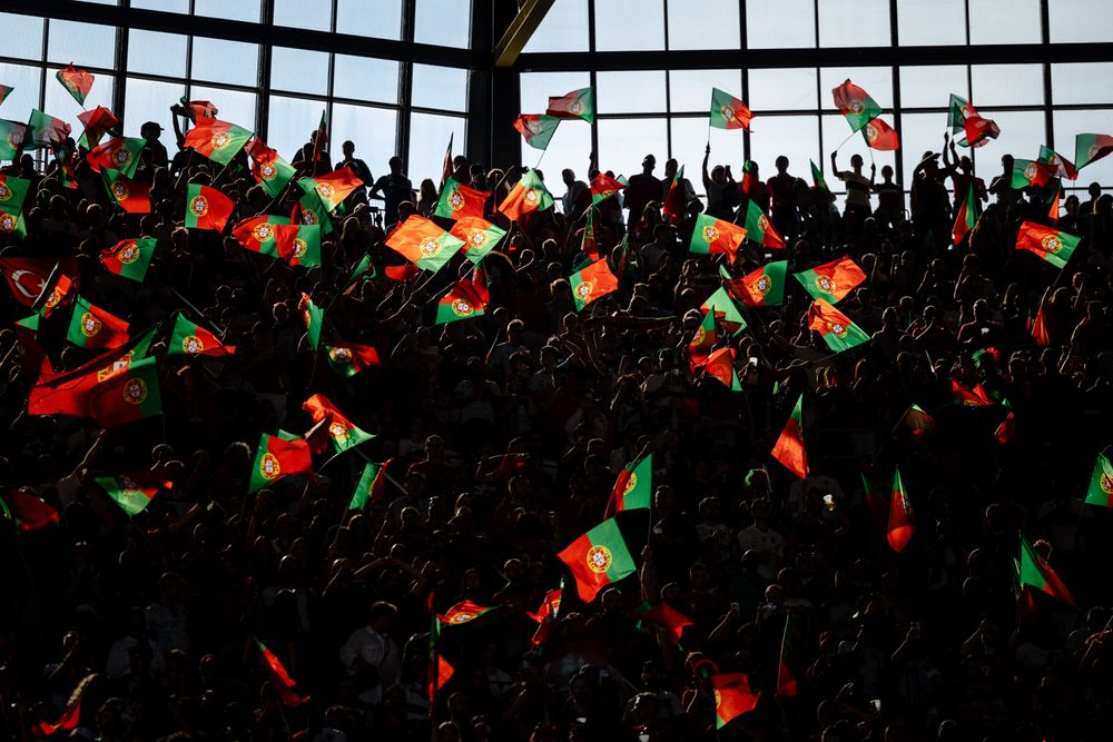 Large crowd of silhouetted people enthusiastically waving red and green flags at an event.